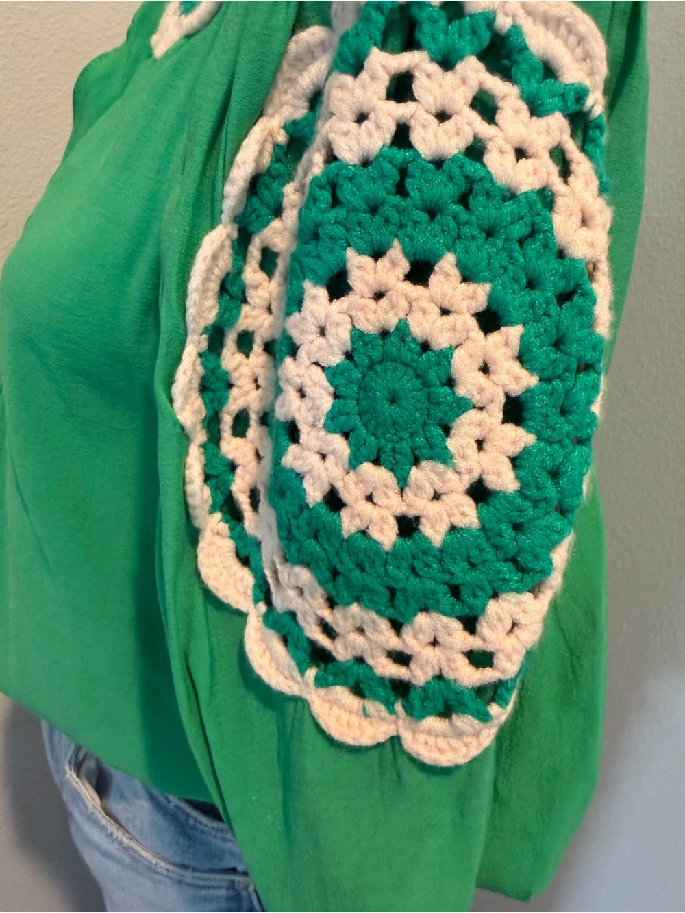 THML Green Blouse with Cream Crochet Accents - Picture 3 of 4